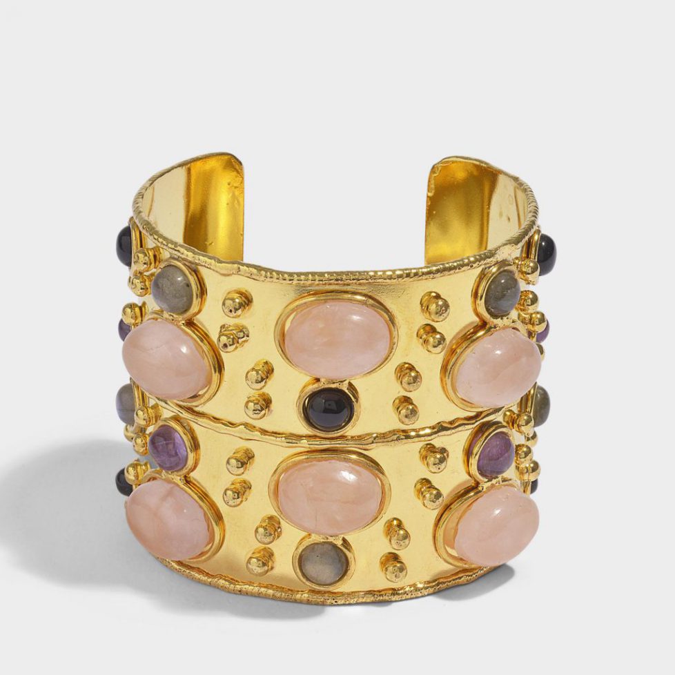 sylvia-toledano-Metallique-Bracelet-manchette-byzance-en-laiton-plaque-or-avec-quartz-rose