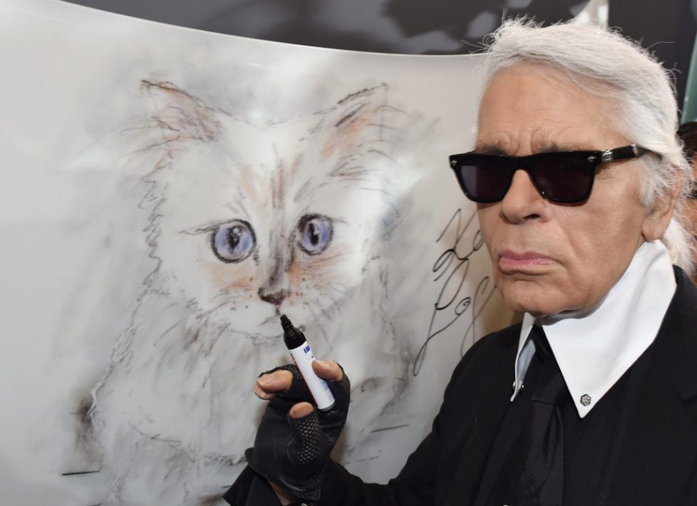 Berlin, Germany. 03rd Feb, 2015. Fashion designer Karl Lagerfeld stands next to a drawinf of his Birman cat at the vernissage for his photo calender 'Corsa Karl and Choupette' at the Palazzo Italia in Berlin, Germany, 03 February 2015. For the calender, L