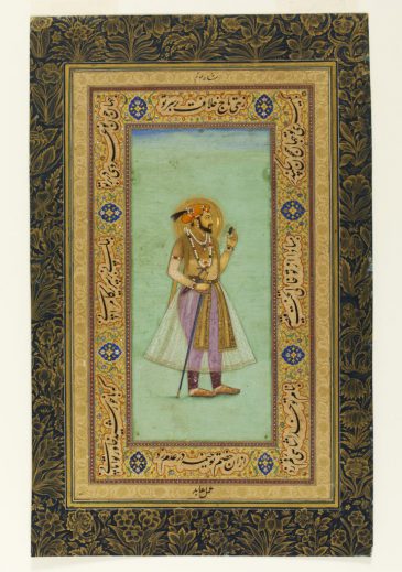 Portrait of Shah Jahan holding an emerald by Muhammad 'Abed, borders by Harif, c. 1628. Opaque watercolour and gold on paper. © Victoria and Albert Museum, London